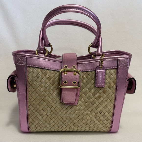 Coach Handbags - Coach Hamptons Suede Metallic Leather Straw Carryall Bag Style 4419 Vintage 2004